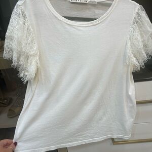 Alice + Olivia White Tee with Lace Sleeves Large